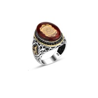 925 Silver Amber Stone Solomon Seal Ottoman Tugra Ring For Men 