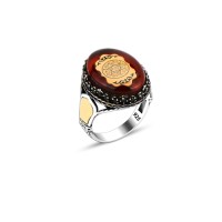 925 Silver Amber Stone Solomon Seal Ring For Men 