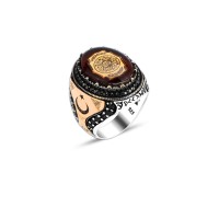 925 Silver Amber Stone Solomon Seal Moon and Star Ring For Men 