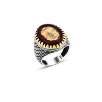 925 Silver Amber Stone Ottoman Tugra Ring For Men