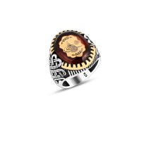 925 Silver Amber Stone Ottoman Tugra Ring For Men