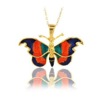 14K Rose Gold Red Green Butterfly Necklace