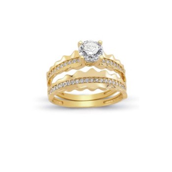 14K Solid Gold Solitaire With Band Engagement Wedding Ring Set