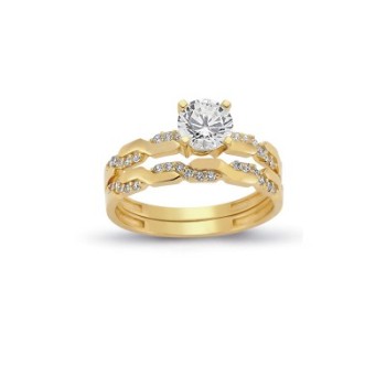 14K Solid Gold Solitaire With Band Engagement Wedding Ring Set