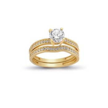 14K Solid Gold Solitaire With Band Engagement Wedding Ring Set