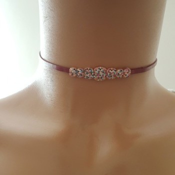 925 K Sterling Silver Choker Claret Red Leather Necklace