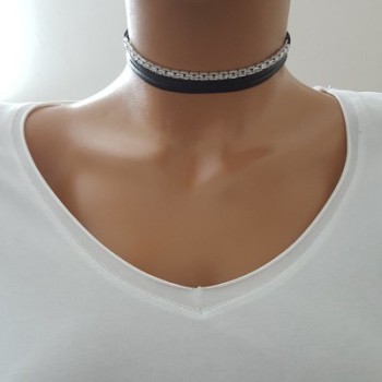 925K Sterling Silver Baguette Choker Necklace Black Choker Leather Choker Cz Diamond Choker