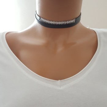 925K Sterling Silver Choker Cz Diamond Black Leather Necklace