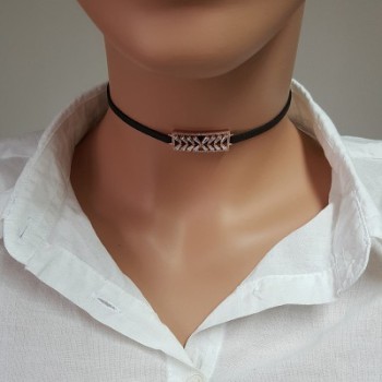 925K Sterling Silver Choker Cz Diamond Black Leather Necklace