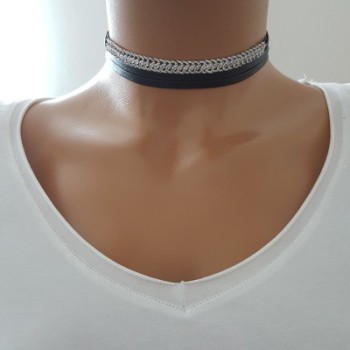 925K Sterling Silver Choker Cz Diamond Black Leather Necklace