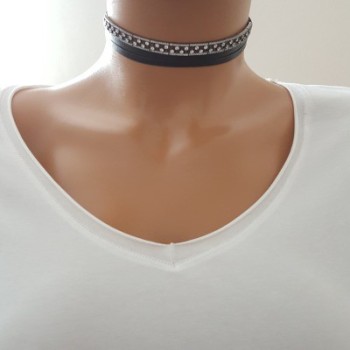 925K Sterling Silver Choker Cz Diamond Black Leather Necklace