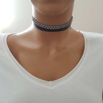 925K Sterling Silver Choker Cz Diamond Black Leather Necklace