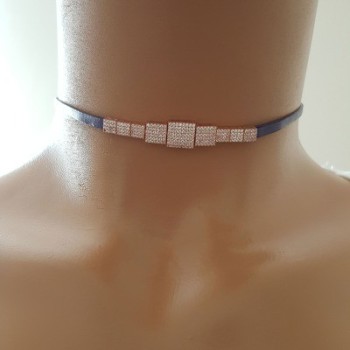 925K Sterling Silver Choker Purple Leather Necklace