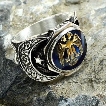 925K Sterling Silver Double Head Eagle Men Ring