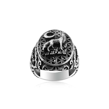 925K Sterling Silver Gray Wolf Men Ring