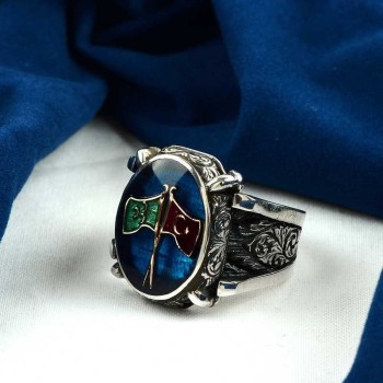 925K Sterling Silver Ottoman Flag Men Ring