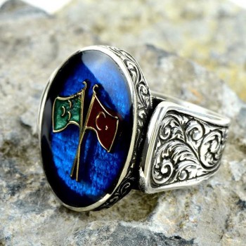 925K Sterling Silver Ottoman Flag Men Ring