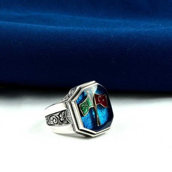 925K Sterling Silver Ottoman Flag Men Ring