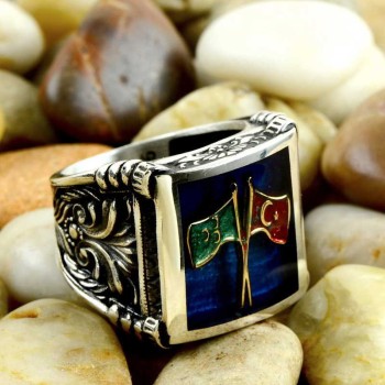 925K Sterling Silver Ottoman Flag Men Ring