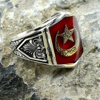 925K Sterling Silver Star And Crescent Men Ring