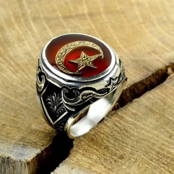 925K Sterling Silver Star And Crescent Men Ring