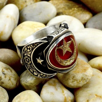 925K Sterling Silver Star And Crescent Men Ring