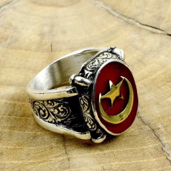 925K Sterling Silver Star And Crescent Men Ring