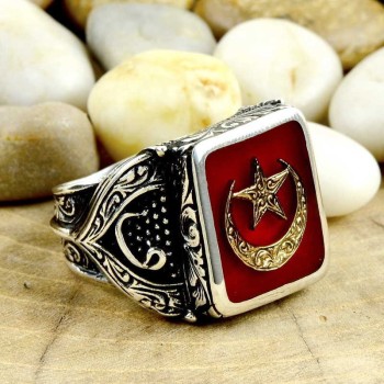 925K Sterling Silver Star And Crescent Men Ring