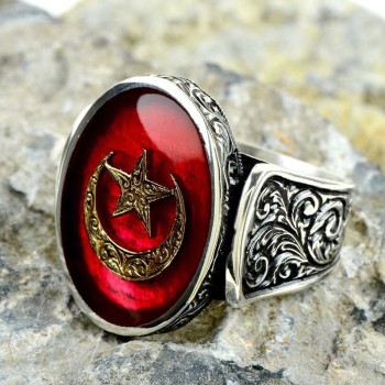 925K Sterling Silver Star And Crescent Men Ring