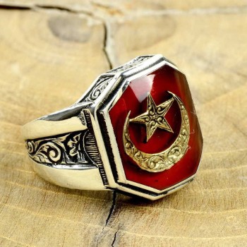 925K Sterling Silver Star And Crescent Men Ring