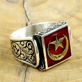 925K Sterling Silver Star And Crescent Men Ring