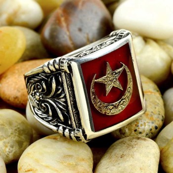 925K Sterling Silver Star And Crescent Men Ring