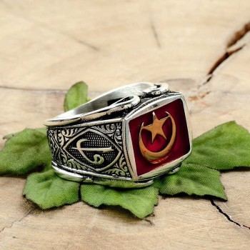 925K Sterling Silver Star And Crescent Men Ring