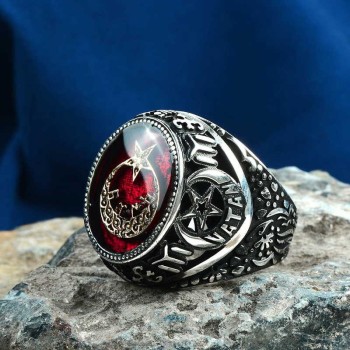 925K Sterling Silver Star And Crescent Men Ring