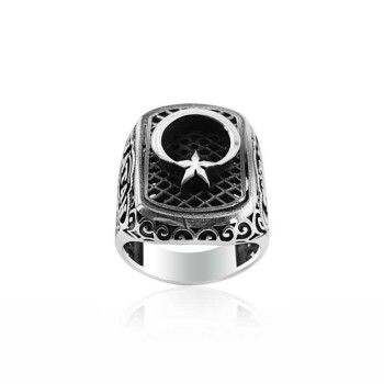 925K Sterling Silver Star And Crescent Men Ring