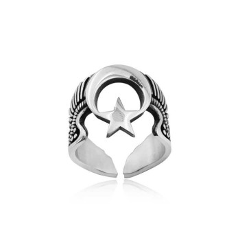 925K Sterling Silver Star And Crescent Men Ring