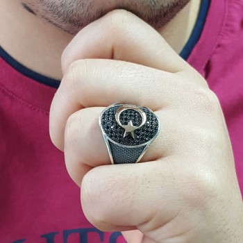 925K Sterling Silver Star And Crescent Men Ring