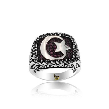 925K Sterling Silver Star And Crescent Men Ring