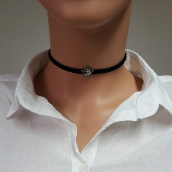 925K Sterling Silver Star Choker Cz Diamond Black Leather Necklace