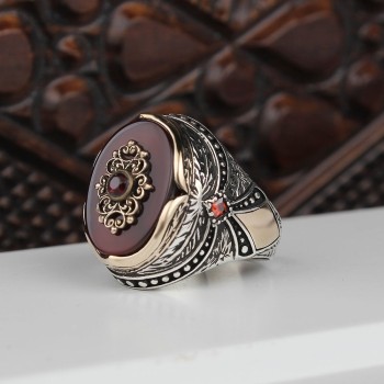 925 Sterling Silver Aqua  Stone Traditional Motif Men Ring