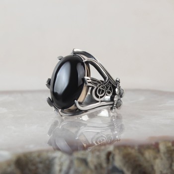 925 Sterling Silver Onyx Stone Ottoman Tugra Men Ring