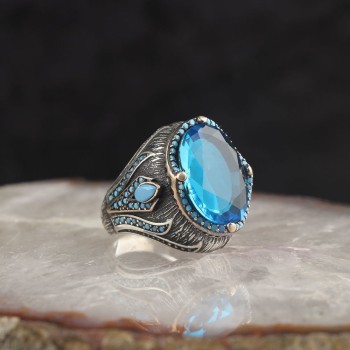 925 Silver Blue Topaz Stone Crystal Cut Men Ring 