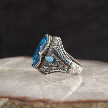 925 Silver Blue Topaz Stone Crystal Cut Men Ring 