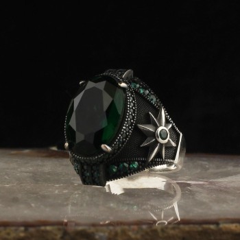 925 Sterling Silver Mystic Topaz Stone Compass Men Ring