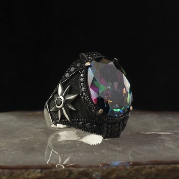 925 Sterling Silver Mystic Topaz Stone Compass Men Ring