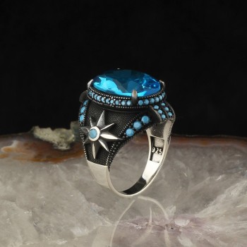 925 Sterling Silver Mystic Topaz Stone Compass Men Ring