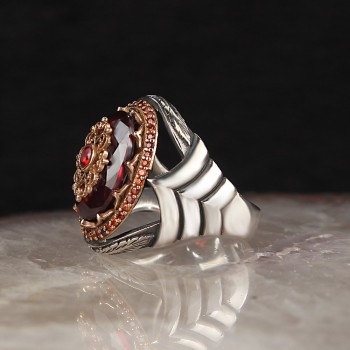 925 Sterling Silver Red Zircon Stone Handmade Men Ring