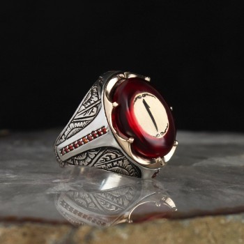 925 Sterling Silver Halleluiah Written Amber Stone Handmade Men Ring