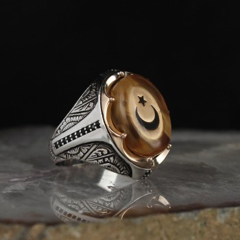 925 Sterling Silver Halleluiah Written Amber Stone Handmade Men Ring