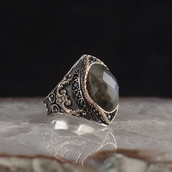 925 Sterling Silver Moon and Star Amber Stone Handmade Ring